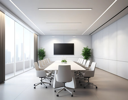 Modern conference room interior with white walls, concrete floor, long conference table with white chairs and TV. 3d rendering mock upの写真素材