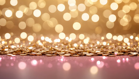 Gold coins on bokeh background. Christmas and New Year concept.の写真素材