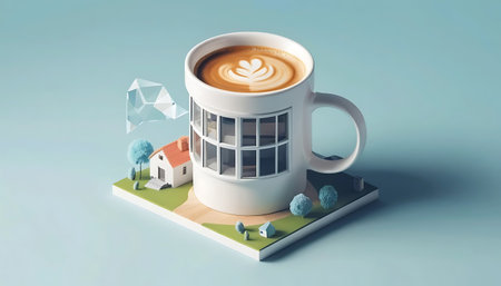 Coffee cup and house model. 3D illustration. Copy space.の写真素材