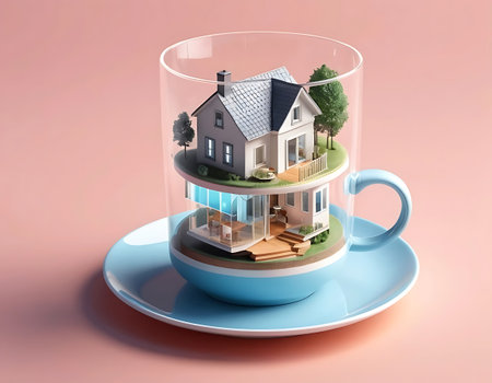 House in a glass cup on a pink background. 3d renderingの写真素材