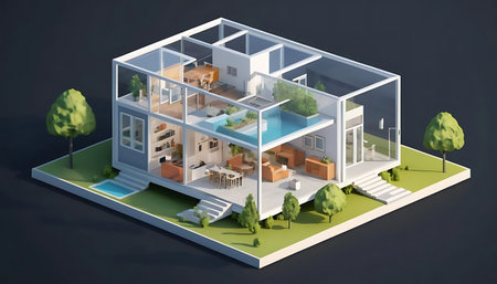 3D isometric view of a modern house with a garden.の写真素材