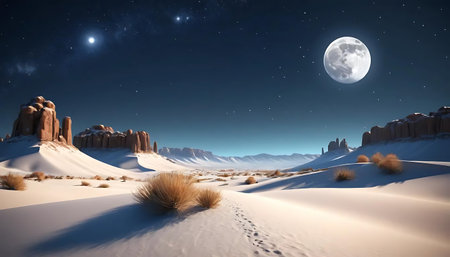Desert landscape with moon and stars. 3d render illustration.の写真素材
