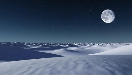 Winter landscape with snow dunes and moon. 3d render illustrationの写真素材