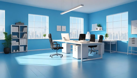 Modern office interior design with blue walls, blue floor and computer tables. 3d renderingの写真素材
