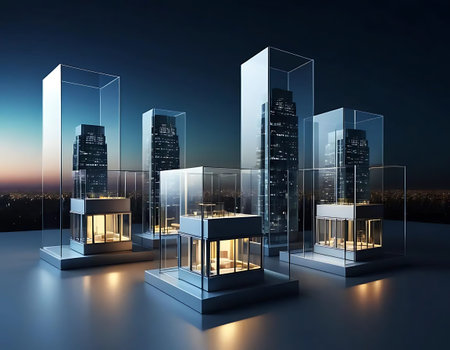 3d rendering modern city with skyscrapers in glass panels at night
