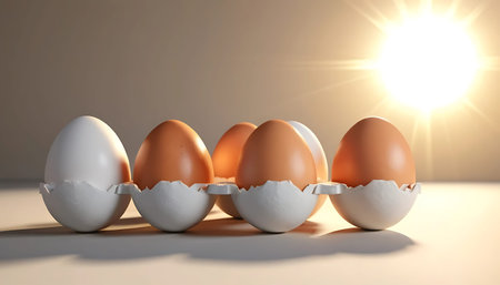 Eggs in eggshell with sun rays. 3d illustration