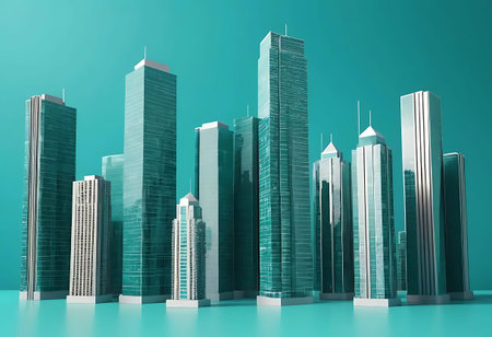 Modern skyscrapers on a turquoise background. 3d rendering