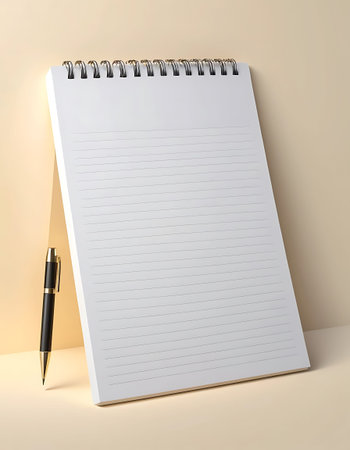 Blank notebook with pen on beige background. 3D rendering