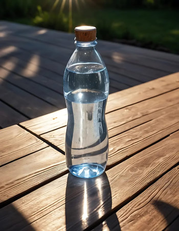 Plastic bottle of water on a wooden terrace in the sun