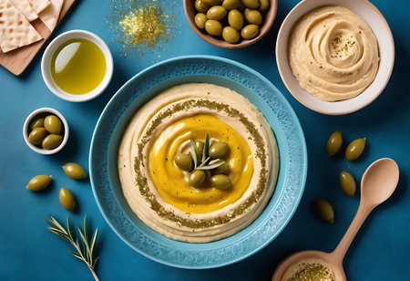 bowl of hummus with olives and olive oil on blue backgroundの写真素材