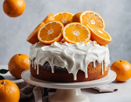 Cake with whipped cream and fresh oranges on a light background.の写真素材