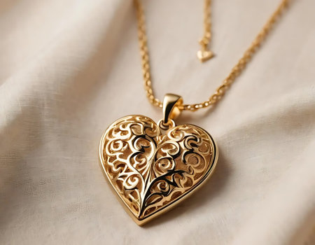 Golden heart shaped pendant on white satin background. Shallow dof.の写真素材