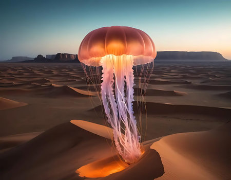 Jellyfish in the desert at sunset. 3D rendering.の写真素材