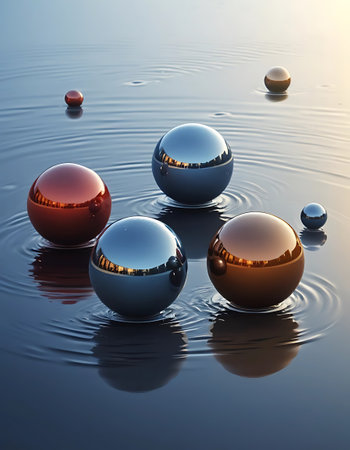 3d render of a group of spheres in water with ripplesの写真素材