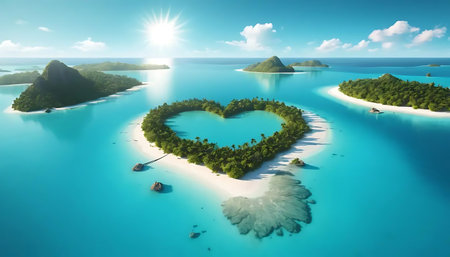 Heart shaped island in the ocean with green trees and a blue skyの写真素材