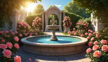 3D render of a beautiful garden with a fountain and roses.の写真素材
