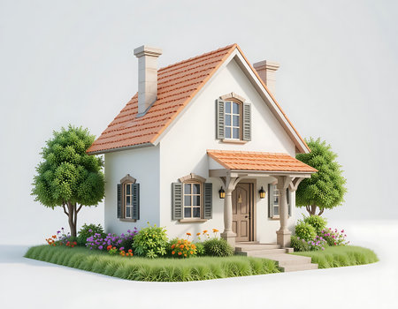 3D rendering of a house in the garden on a white backgroundの写真素材