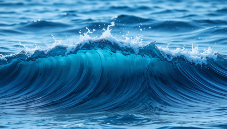 Blue wave with splashes close-up. Ocean water background.