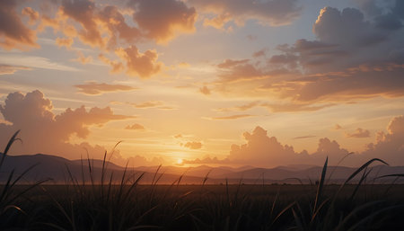 Sunset over sugarcane field. 3d render illustration.