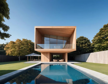 3d rendering of modern cozy house with pool and parking for sale or rentの写真素材