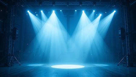 Stage Spotlight with Laser rays, Stage Podium Scene, Stage lighting, Stage Backgroundの写真素材