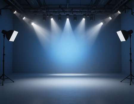 Blue stage background with spotlights, 3d render, toned imageの写真素材