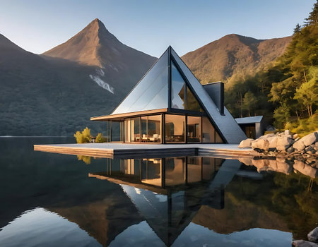 3d rendering of modern cozy chalet with pool and parking for sale or rent in luxurious style and beautiful landscaping on background. Clear summer evening with golden sunlight.の写真素材