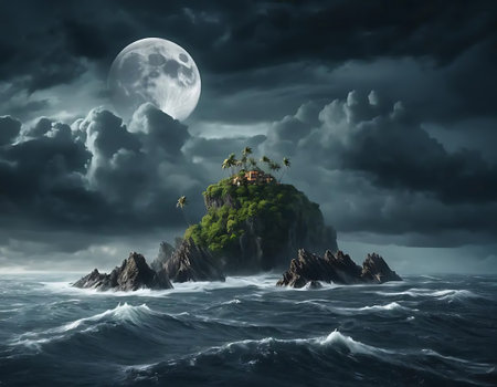 Tropical island on the ocean at night with a full moonの写真素材