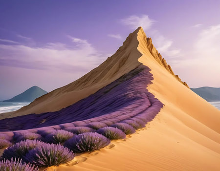 Desert landscape with purple sand dunes and lavender flowers at sunsetの写真素材