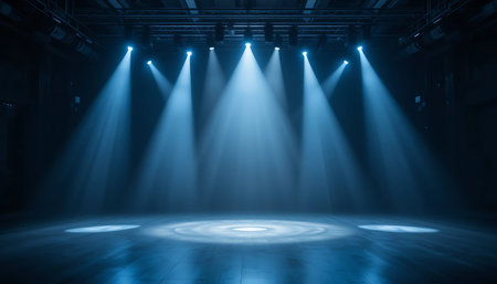 Empty stage background with spotlights and smoke, 3d render illustration