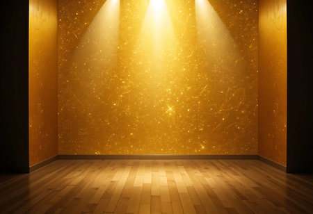 Empty room with golden wall and spotlights. 3D Renderingの写真素材