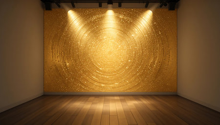 Gold stage with spotlights and wooden floor. 3D rendering.の写真素材