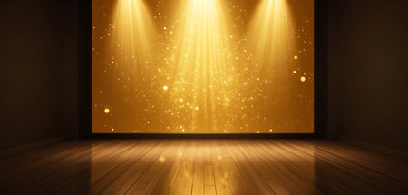 golden stage background with spotlights and wooden floor - 3d illustrationの写真素材
