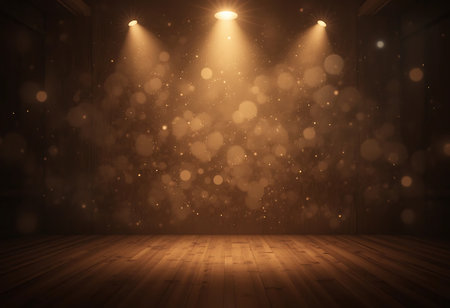 Bokeh lights and wooden floor in dark room. 3D Renderingの写真素材