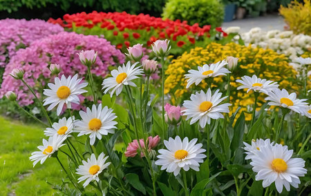 White daisies in a flowerbed in the garden in springの写真素材