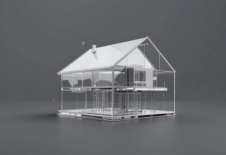 3D render of a glass house on gray background with shadow.の写真素材