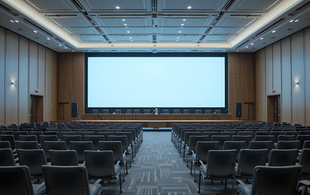 Conference hall with empty seats and blank screen. 3D rendering