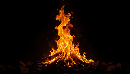 Flames of a campfire on a black background with copy space