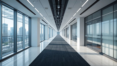 Interior of modern office building with glass walls and floor. 3d renderingの写真素材