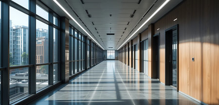 Corridor of modern office building with large windows.