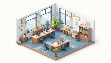 Office interior isometric view with furniture and equipment, vector illustration.の写真素材
