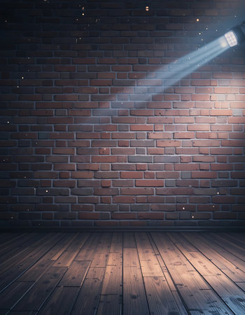 Brick wall and wooden floor illuminated by spotlights. Mock up, 3D Renderingの写真素材