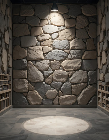 Interior of a library with stone wall and floor. 3d renderingの写真素材