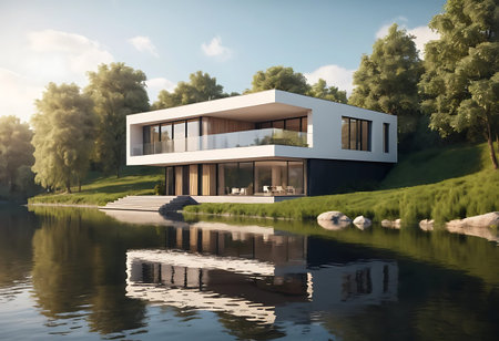 Modern house on the bank of the river. 3d rendering.の写真素材