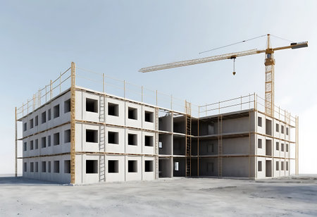 3D render of a multi-storey building under construction with cranes