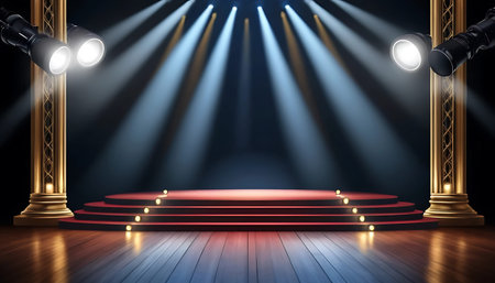 Stage podium with lighting, Stage Podium Scene with for Award Ceremony on blue Background, Vector...