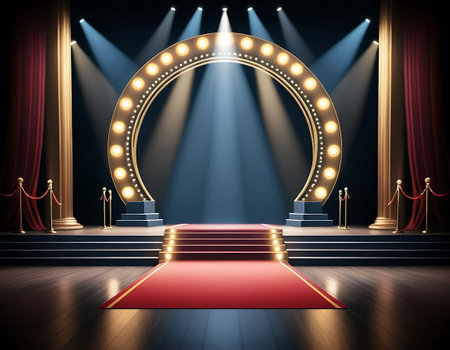 Red carpet on the stage illuminated by spotlights. Vector illustration.の写真素材