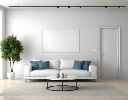 Interior of modern living room with white and blue sofa 3D renderingの写真素材