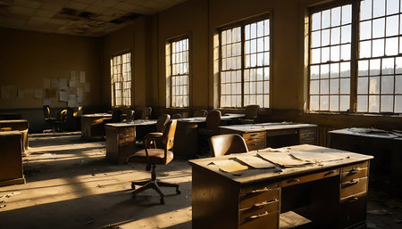 Interior of an old school classroom in the light of the sunの写真素材