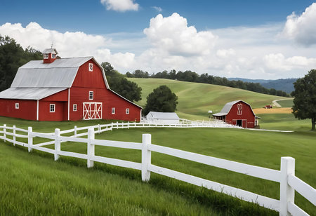 Red Barn on a Hillside with White Fence in the Background